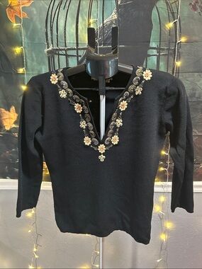 Joseph Black Knit Top with Metallic Floral Embellishment